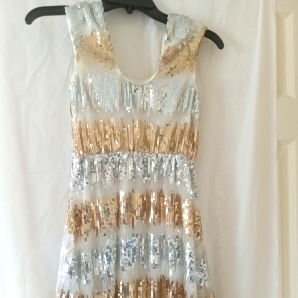 Teen - Size Small - White with Silver and Gold Squared Patterned Sequined Dress